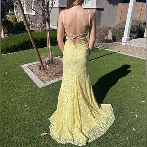 La Femme Yellow Lace Mesh Inlay Bejeweled Maxi Dress